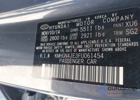 2015 Hyundai Genesis 3.8 z USA, uszkodzony, nr VIN KMHGN4JE3FU061454